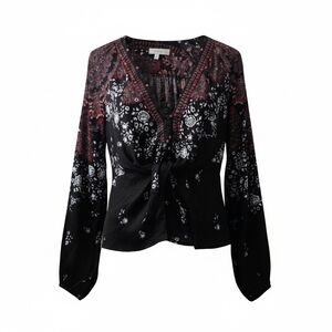 Free People Black Floral Tie-Front V-Neck Blouse with Burgundy Print